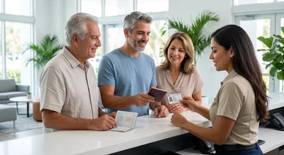 A family checking in at the pickup car rental location showing their ID