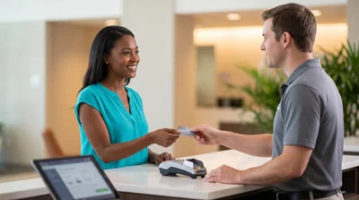 A female customer in Florida presents a credit card to a rental agent at a sleek counter to pay for optional extras.