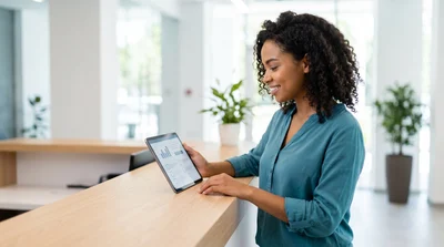 A woman considers insurance options and PIP coverage for a car hire booking in Florida on a tablet.