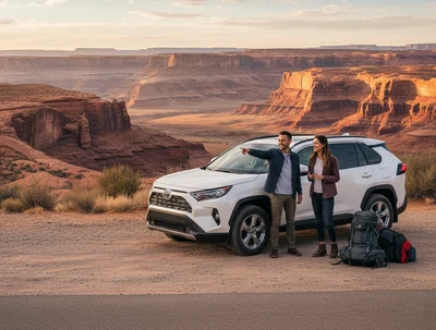 A couple standing next to a white SUV (rental car) overlooking a vast canyon landscape at sunset, indicating a Phoenix to Page road trip.