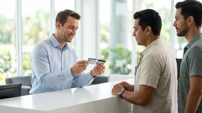 A male couple watches as an agent in Orlando compares a driving licence to a physical credit card.