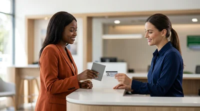 A driver presenting a physical IDP booklet for verification at a bright Texas car hire customer desk.