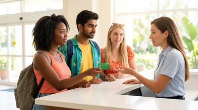 A group of friends in Orlando tries to use a prepaid card at a bright car hire counter.