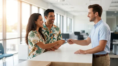 Diverse couple makes a payment and deposit hold for Florida car hire using a card.