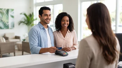 A couple uses a debit card at a Florida car rental counter, discussing payment options for their vehicle.