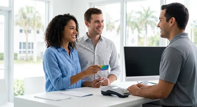 Diverse couple uses credit cards at a clean Miami car hire counter