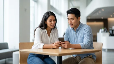 A diverse couple sits in a bright lounge, reviewing credit card insurance info on a shared smartphone.