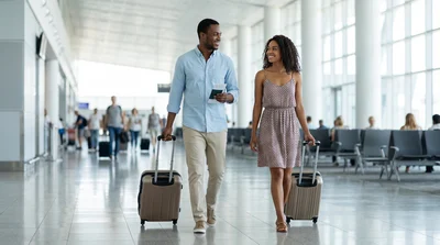 Happy diverse couple with suitcases walking through Miami Airport terminal to collect a car rental.