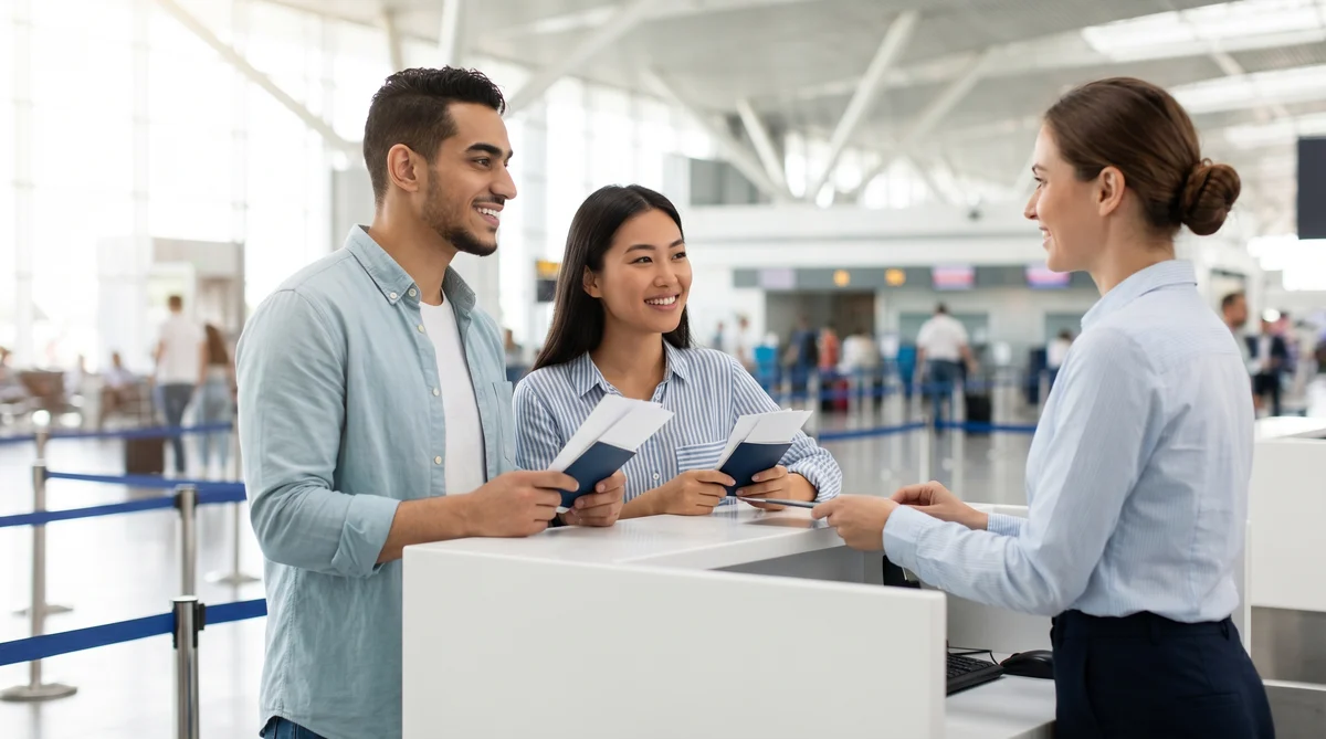 Couple showing travel documents to an agent at Miami airport car rental counter.