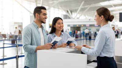 Couple showing travel documents to an agent at Miami airport car rental counter.
