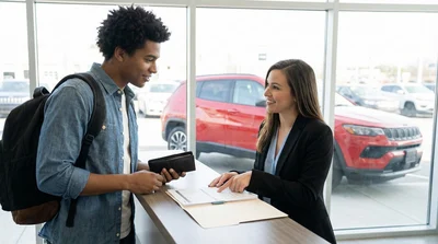Customer at a car rental counter discussing insurance coverage options with an agent.