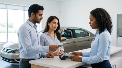 A customer at a rental car counter in New York with a credit card chip issue.