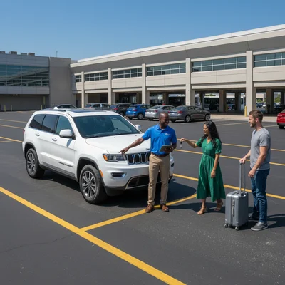Couple returning their car hire at JFK Airport New York, checking return directions to avoid getting lost before their flight.