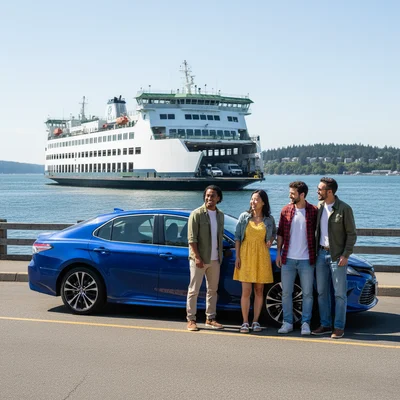 Group of friends by a modern blue sedan near a ferry terminal, sunny day, ready for island adventure.
