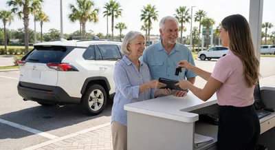 A smiling senior couple receiving car keys from a rental car agent at an outdoor counter, with a white Toyota Rav4 in the background.