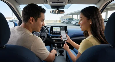 Couple in a blue Nissan Kicks connecting a phone to the dashboard in a Las Vegas car hire lot.