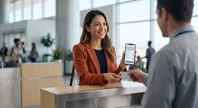 A happy woman traveler presents a digital confirmation on her phone at a modern SFO car rental counter in San Francisco.