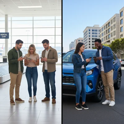 Traveler comparing SFO Airport and downtown San Francisco car rental prices to choose the cheapest Bay Area car hire option.