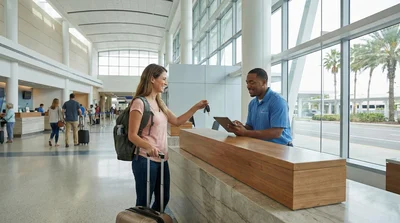 A man hands the keys of a silver minivan to a smiling car rental agent at the outdoor return area of MCO Terminal C, with the terminal building in the background.