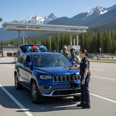 Travelers with luggage and a blue SUV car rental at the Canada border crossing on a scenic, clear day.