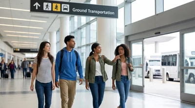 Travellers walk toward rental car shuttle stop at Newark Airport.