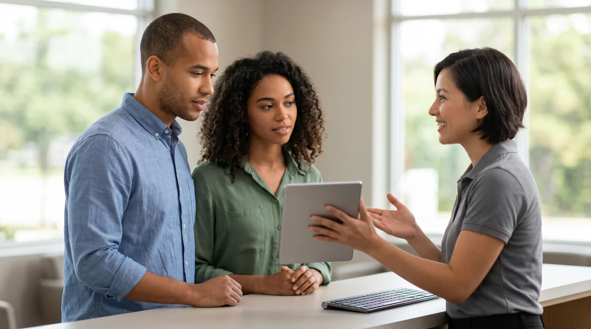 Diverse couple listens to an agent explain rental terms on a generic tablet at a Texas car hire counter.