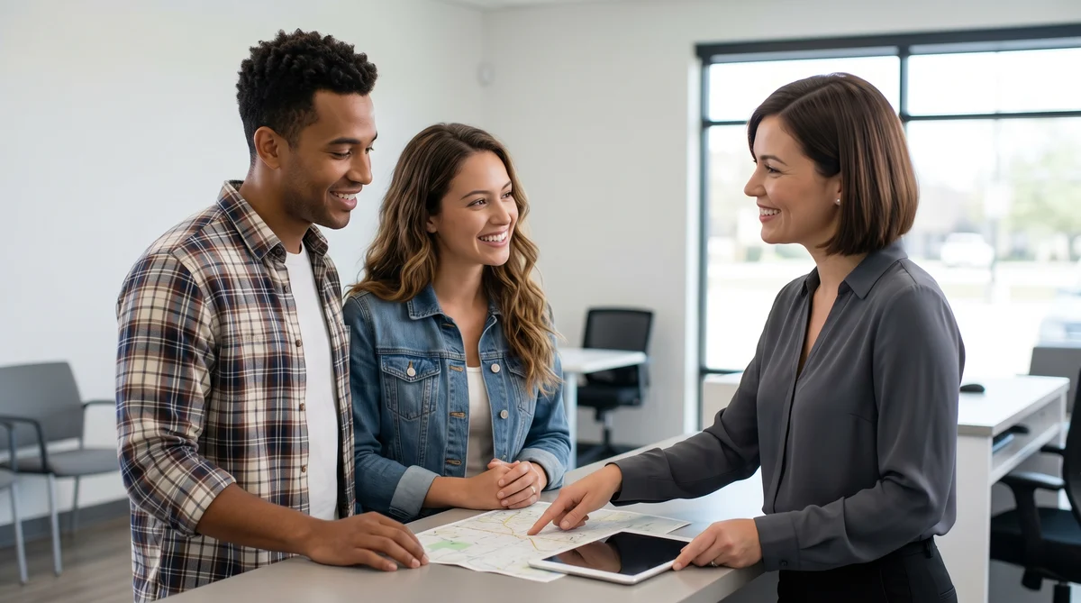 Diverse couple asks a Texas car hire agent about toll options at a clean counter.