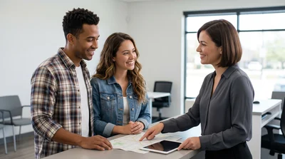 Diverse couple asks a Texas car hire agent about toll options at a clean counter.