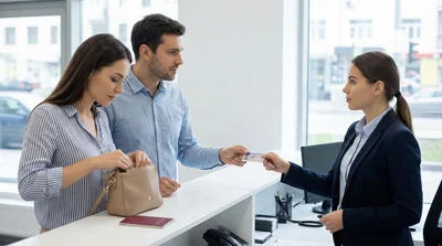 Couple at car hire desk, woman retrieving passport from bag to meet identification requirements for pickup.