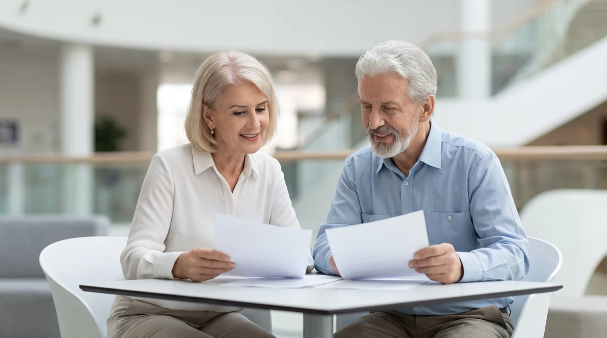 An older couple confidently reviews non-specific papers at a minimalist desk in a well-lit contemporary office.