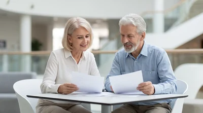 An older couple confidently reviews non-specific papers at a minimalist desk in a well-lit contemporary office.