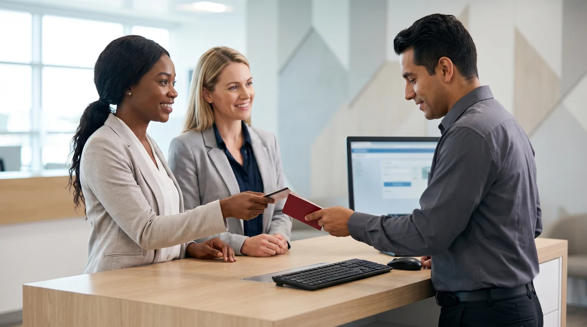 A diverse UK couple presents passports and generic documents to a smiling car rental agent at a clean Orlando counter.