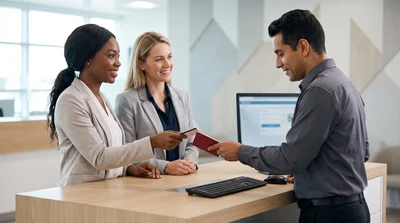 A diverse UK couple presents passports and generic documents to a smiling car rental agent at a clean Orlando counter.