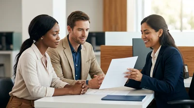 A thoughtful couple reviews insurance contract documents at a modern New York car rental counter.