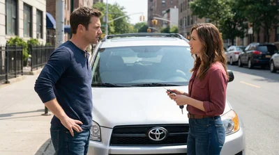 A woman holding car keys has a serious discussion with a man outside a silver Toyota Rav4 rental, illustrating a driver issue.