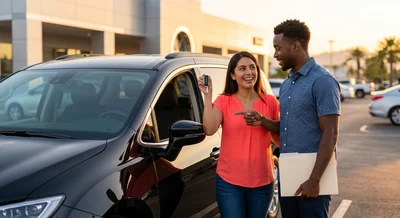 A diverse couple is happy next to their modern black Chrysler Pacifica upgrade in a Las Vegas car hire lot at sunset.
