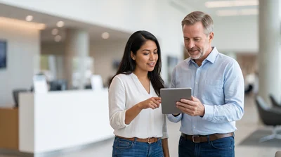 A multi-generational couple cooperates happily with a tablet screen, confirming information in a bright modern lounge.