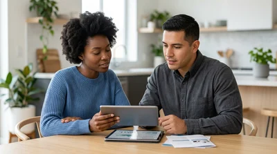 A diverse couple reviews credit card insurance info for car rental in New York at a bright table