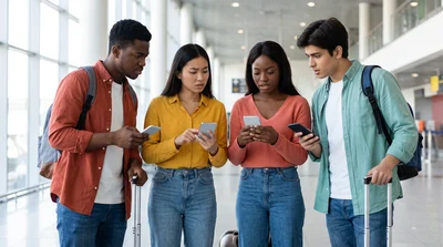 A diverse group of young travelers in an airport terminal collaborate on smartphones to solve travel mishaps.